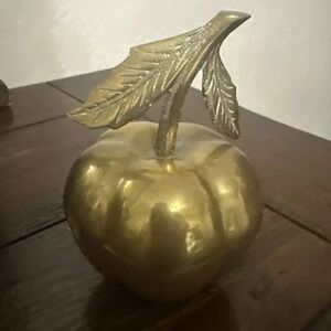 VTG Solid Brass Apple Trinket Box Paper Weight 5" Tall Hollywood Regency Golden